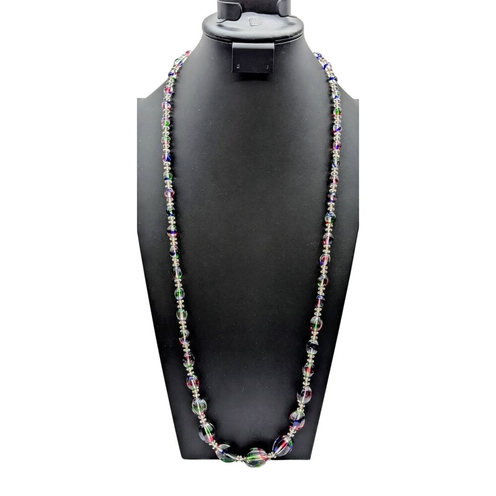 VTG Rare Iris Rainbow Graduated Glass Bead Knotted Long Over the Head Necklace